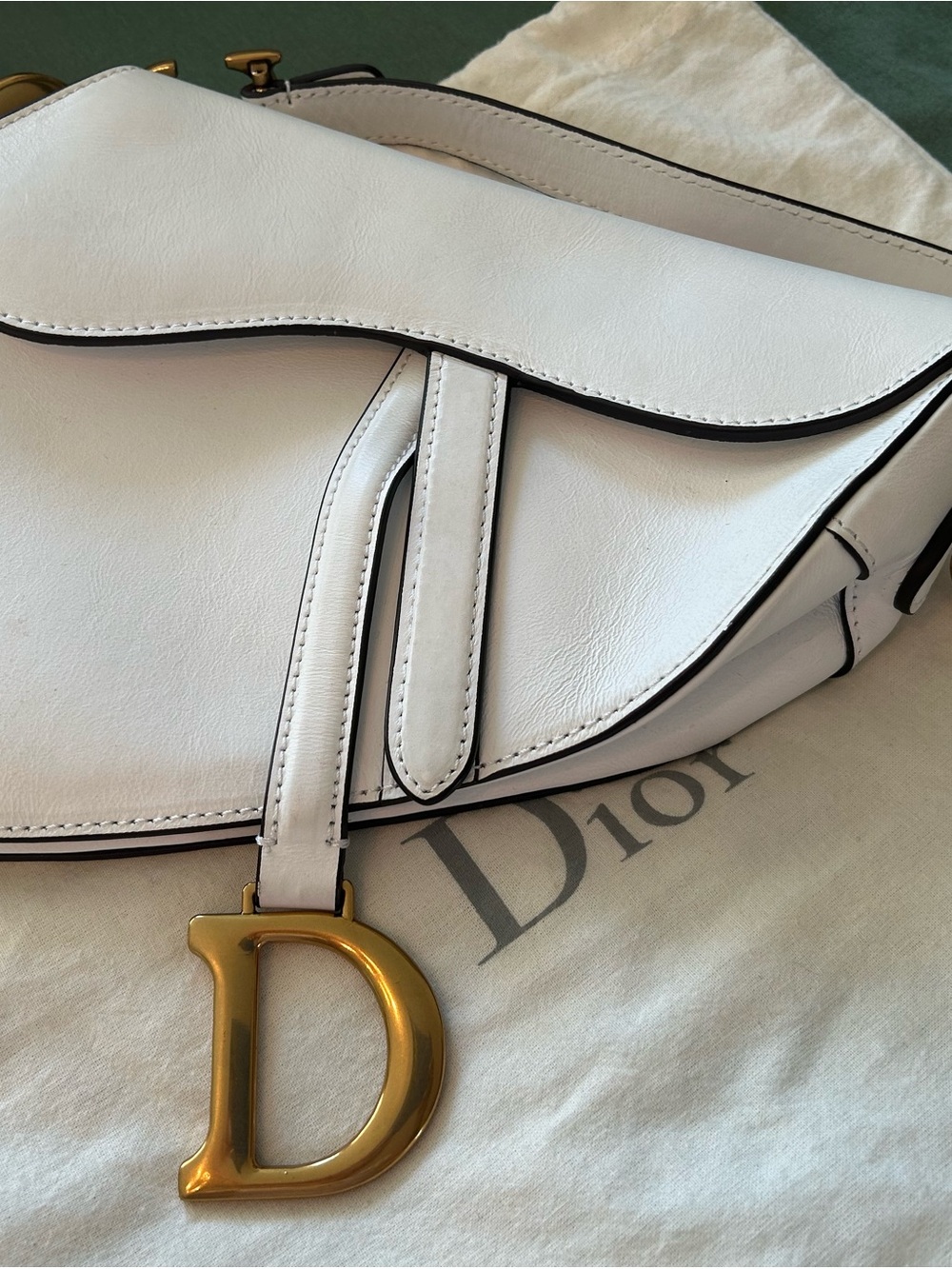 Dior White Saddle Shoulder Bag with Gold 'D' Charm
